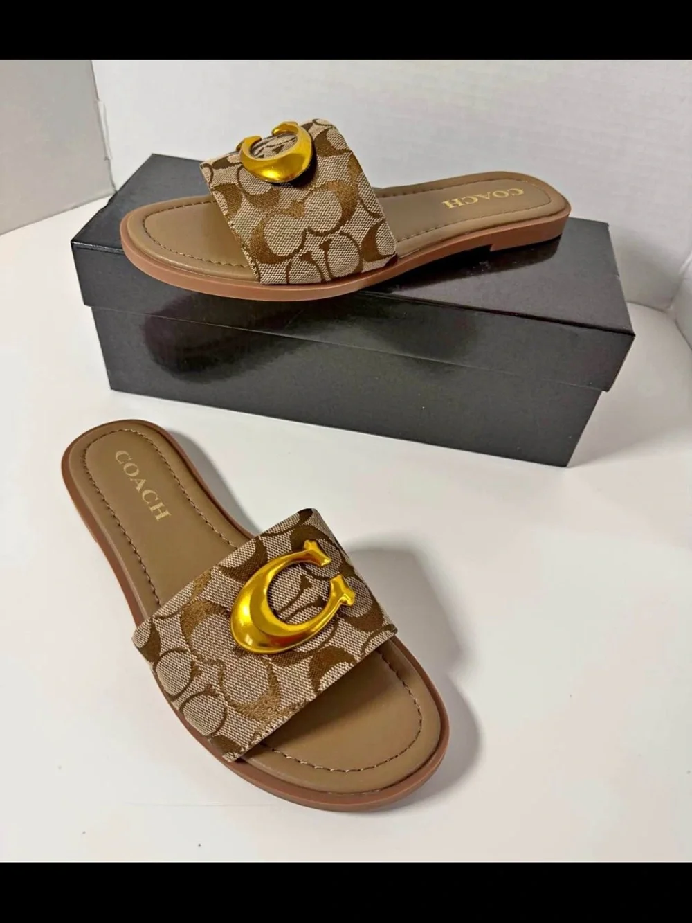 Women's Brown Signature Canvas Slide Sandals with Gold Accent